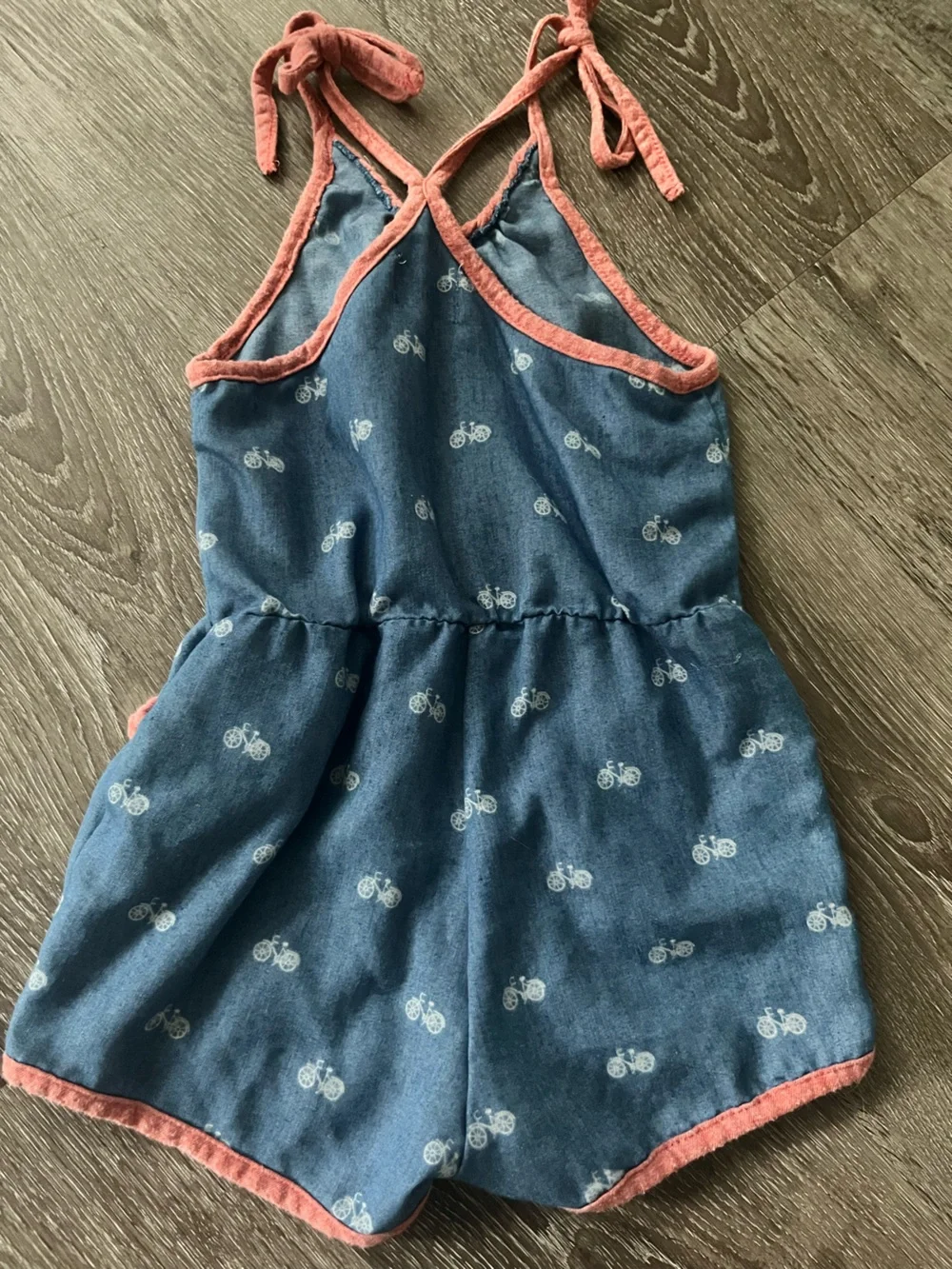 Miki Miette - Kids Blue Bicycle-Print One-Piece Romper with Pink Trim